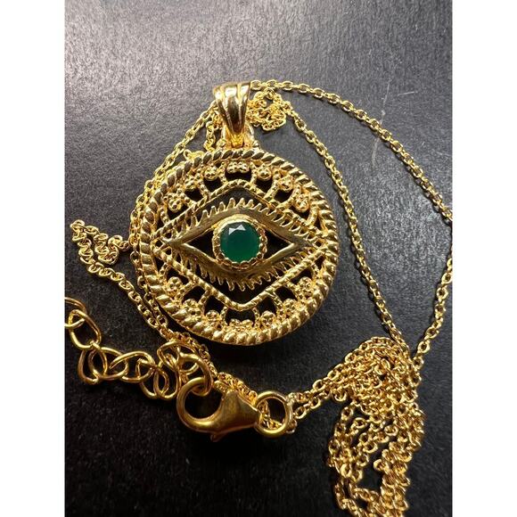 NEW Green onyx evil eye pendant and chain in gold over sterling silver - Picture 6 of 13